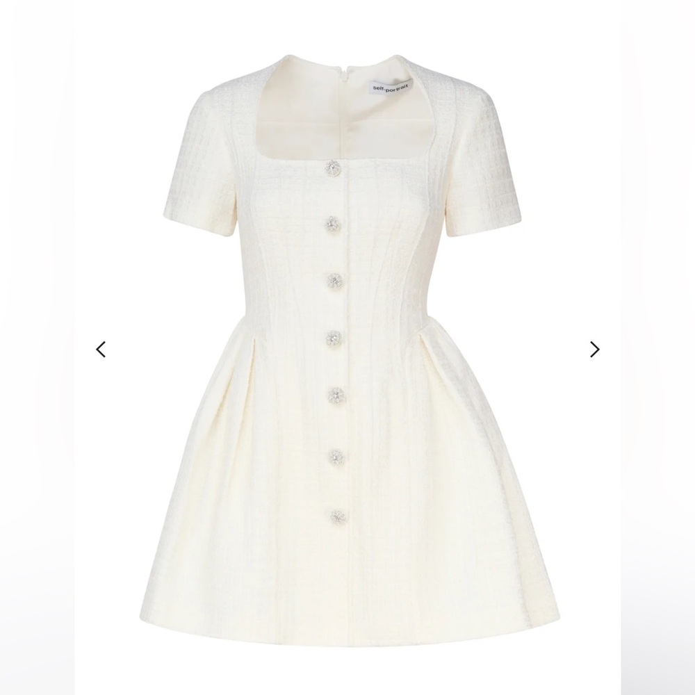 Self portrait BOUCLE FIT & FLARE SQUARE-NECK SHORT-SLEEVE MINI DRESS BEIGE